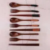 Geschirrssätze langes Griff japanisches natürliches Abendessen Kit handgefertigtes Holzgeschirr Utensilien Castlery Fork -Essstäbchen Löffel Set