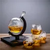 Whiskey Decanter Set Wine with Etched Globe Glasses Wooden Stand 240415