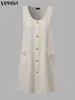 Casual Dresses VONDA 2024 Summer Sleeveless Dress Women Vintage Button Down Holiday Midi Solid Color Tank Sundress Vestidos Robe