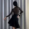 Stage Wear Latin Dance Dress Suit Women Black Long Sleeves Mesh Tops Skirt Adult Competition Clothing Rumba Practice Clothes DNV19681