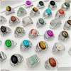 Band Rings Fashion New 50 Pieces/Lot Natural Gemstone Mix Style Pine Stone Size 18Cm-22Mm Fit Womens Mens Party Jewelrys Charm Turquoi Dhj9H