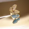 Original brand High version Van Double Butterfly Ring Womens New Turquoise Set Diamond Open French Asymmetric Best Friend r