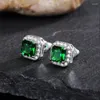 Boucles d'oreilles mignons carré femelle émeraude cristal vert mode 925 mariage en argent sterling double pour les femmes