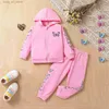 Sets de ropa Spring and Autumn Girls Fashion Long Fashion Chaqueta aerodinámica de algodón + pantalones Baby Butterfly estampado con capucha Trater T240415