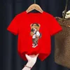 티셔츠 2023 Funny Bear Selfie Print Kid T-Shirts Children Baby Cute Harajuku Kawaii Clothing Boy Girl Tops 선물 선물 T240415