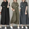 Womens Buttondown Cotton Linen Loose Dress with Pocket Ladies Casual Solid Knapped Cover Up Shirt 240415