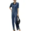 YUDX Miyake Pleated Denim Suit Spring Summer Short Sleeves Coat Casual Pants Fashion TwoPiece Women 240415