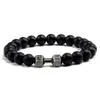 Other Bracelets Natural Volcanic Stone Bracelet Men Matte Black Lave White Beads Charm Dumbbell Strand Bracelets Women Barbell Fitness JewelryL240415