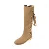 Boots 2024 Cow Suede Leather Winter Cool Ladies Lace Up Knee High Square Med Heels Western