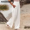 Kadın pantolon pamuk keten geniş bacak rahat gevşek katı ofis bayan pantolon vintage moda elastik bel büyük boy pantalon pantolon