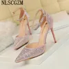 Sapatos de vestido saltos de glitter strass de cristal bom bombeia mulheres pretas altas casamentos sexy noiva tacones estiletto