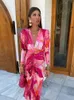 Elegant Tye Die Print Pleated Bodycon Maxi Dres Vintage Long Sleeve Vneck Aline Dresses 2024 Ladies Holiday Party Robes 240419