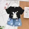 Kleding sets jongens pyjama peuter meisje paaskleding baby zomer outfits schattige boog applique shirts tops denim shorts set klein