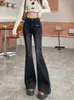 Jeans femininos Cantura alta primavera retro longa calça de calça elástica e elástica de moda de moda Bell Bottom Troushers Mulher plissada de estilo coreano