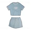 Duas peças esportes o umbigo exposto para Y2K Casual Print Conjunto Novo camiseta de mangas curtas e shorts conjunto de duas peças para roupas femininas T240415