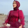 Lśniący muzułmańskie sukienki na studniówkę pełne rękawie Wysoka kołnierz A Line Evening Suknia 2024 Długość kostki Tiul Arabic Dubai Robe de Soiree