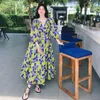 Casual jurken groene bloem maxi jurk voor vrouwen 2024 zomer elegante zoete vintage korte mouw losse a-line big swing long 9127