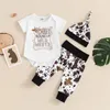 Zestawy odzieży FocusNorm 0-12m 2pcs Baby Boys Western Ubrania strój krowy litery Drukuj romper z krótkim rękawem z spodniami czapki