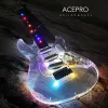 Gitara Nowa przyjęcie Acepro LED LED Electric Electric Guitar Acryl Ciało Kolorowe diody LED Transparent Pickguard Knobs 3 Pojedyncze pickupy klon szyi