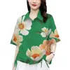 Blouses feminina Mulheres Top camisa de lapela com estampamento floral com companheiro de tração de peito duplo Detalhe de cordão Loue Summer Trey lateral