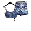 Frühlings-/Sommer -Set modisch lässige blaue weiße Weiße Porzellandruck cooler BH -Sling -Top+Shorts