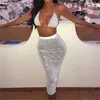 Sexy Skirt Glitter Rhinestones Fishing Net Women Set Dos piezas Halter See Through Hollow Out Buray Bodycon Mid -Barry Skirt Party Wear L49
