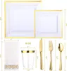 Dîner jetable 350pcs Gold Set pour 50 invités Assiettes en plastique carré Rim Dîner