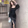 Casual Dresses Formal Black Satin Square Collar Front Split Dress Women's Office 2024 Autumn/Winter Fashion Elegant Slim Bodycon Party