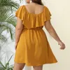 Kvinnaklänningar Summer Square Collar Short Sleeve Ruffle Decor Mini Dress Elastic High midja Solid Color Loose Hem Plus Size 240411