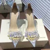 Klänningskor 2024 Fashion Silver Rhinestone Bow Sandaler för Womentransparent Women's Mid Heels Stiletto Sexy Bridal Party Wedding