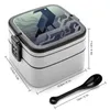 Cinco de vajilla Raven Bento Box Almuerzo portátil Contenedor de almacenamiento de paja de trigo Crow Bird Pixel Pixelized Retro Doble personalizado Doble