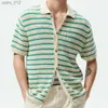 Men's T-Shirts Mens Hooked Polo Shirt New Summer Knitted Sweater Striped Wool Casual Polo Shirt Flip Collar Button T-shirt yq240415