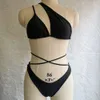 2024 New Bikini Solid Color Diagonal Shoulder Strap Nylon Solid Color Womens Split Swimsuit