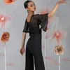 Wear 2024 Black Latin Dance Tops Femme Summer Waltz Vêtements de bal à manches courtes Bodys Standard Shirt Adult DNV17504