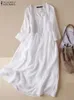 Zanzea Femmes Robe de plage blanche Sumou Aline Shirt Half Mandleve Pocket Pocket Sundress Holiday Baggy Long Robe 240415