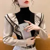 Stylish Turtleneck sparken veck Ruffles Blue Female Clothing Autumn Casual Pullover All-Match Office Lady Shirt 240407