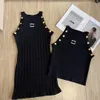 Summer new designer halter design sense metal buckle decorative knitted sundress slimming hip wrap slip dress Alphabet embroidery luxury top