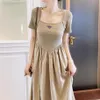 Designer Casual Dresses for women Brand Summer New Classic Square Neck Pleated Short Sleeve Dress High Waist A-line Skirt