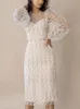 UCXQ Temperument White Dress O-вырезок сетка с длинным рукавом Slim Fit Свадебная одежда Летняя халат Элегантные платья для вечеринок 23A677 240410