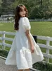 Party Dresses LANMREM Jacquare White Dress Short Puff Sleeves Round Neck 2024 Summer Cute For Women Clothing 2R2803