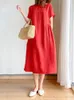 Summer Women Dress Casual Loose Short Sleeve ALINE Oversize Solid Midi Cotton Linen Dresses for Vestidos De Mujer 240415