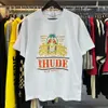 Rhude Trevina Designer Tshirts T Camisetas moda moda casual respirável teeship hop tshirts camisa de impressão de algodão Womens White Shirt Mens Men Oversize Men Short Slave XY18