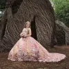 Princess Flowers Pink Tulle Quinceanera Dresses Ball Gown Sweet Sixteen Dress vestidos 16