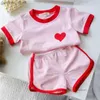 Clothing Sets 2 Pcs Girls Clothes Set 2024 Summer Children Clothing Pink Short Sleeve T-shirt and Shorts Girl Baby Clothes Casual Suit Y240415