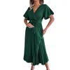 Robes décontractées wpnaks femmes habillage de bureau dames vêtements d'été V couche à manches courtes à manches plissées de gros ourlet couleur longue avec ceinture