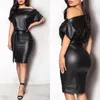 Robes décontractées Femmes Pu Leather mini robe sexy noire coure cou humide look bodycon bandage Party Club