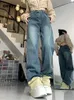 Frauen Jeans Spleiß Frauen hohe Taille 2024 Herbstknopf Weitbein Knöchel-Länge Denimhose Mode Vintage Burr Blue Hosener
