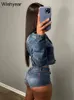 Streetwear Spring Club Tenues pour femmes Stretch Denim ONECK Vestes à manches longues Top et shorts jeans 2 pièces Set 240415