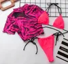 Menas de banho feminina Sexy Tiger Leopard Print Three Piece Thong Bikini Bathing Push Up Up Set manga curta Mulheres de maiô brasileiro