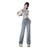 2024 Spring design washed denim wide leg pants womens loose straight leg pants